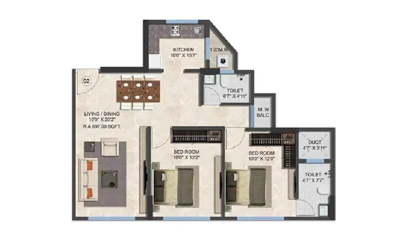 2 BHK 697 Sq. Ft. Apartment