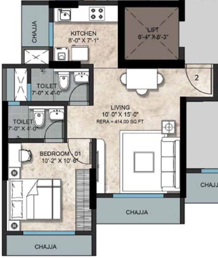 Floor plan of 1 BHK 412 Sq. Ft. Apartment in Nexa Goyal Aspire, Mumbai