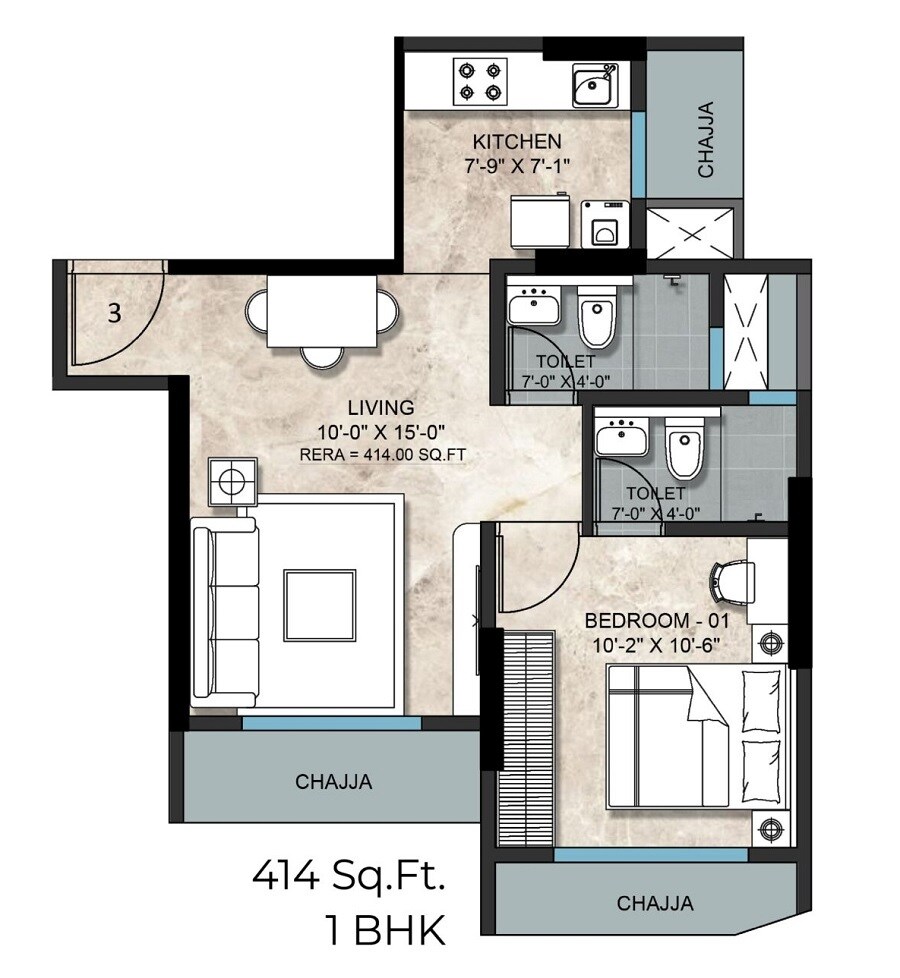 Floor plan of 1 BHK 414 Sq. Ft. Apartment in Nexa Goyal Aspire, Mumbai
