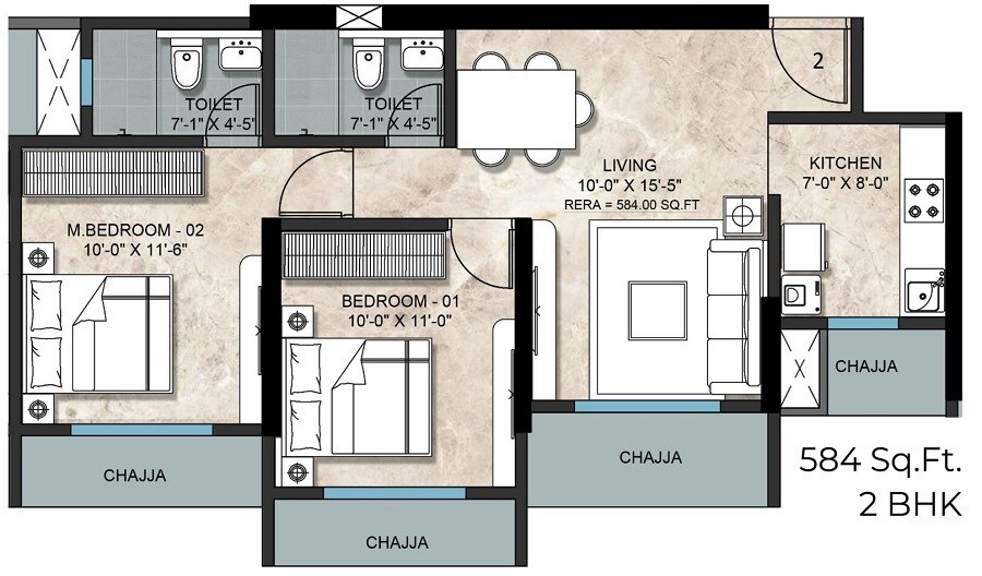 Floor plan of 2 BHK 583 Sq. Ft. Apartment in Nexa Goyal Aspire, Mumbai
