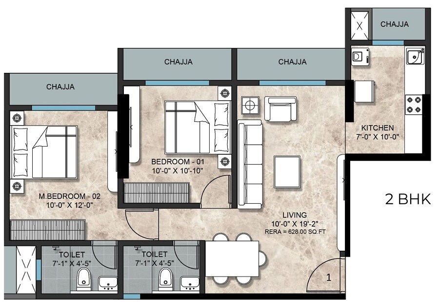 Floor plan of 2 BHK 837 Sq. Ft. Apartment in Nexa Goyal Aspire, Mumbai