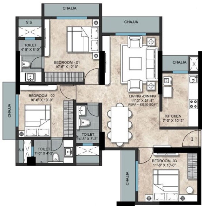 Floor plan of 3 BHK 948 Sq. Ft. Apartment in Nexa Goyal Aspire, Mumbai