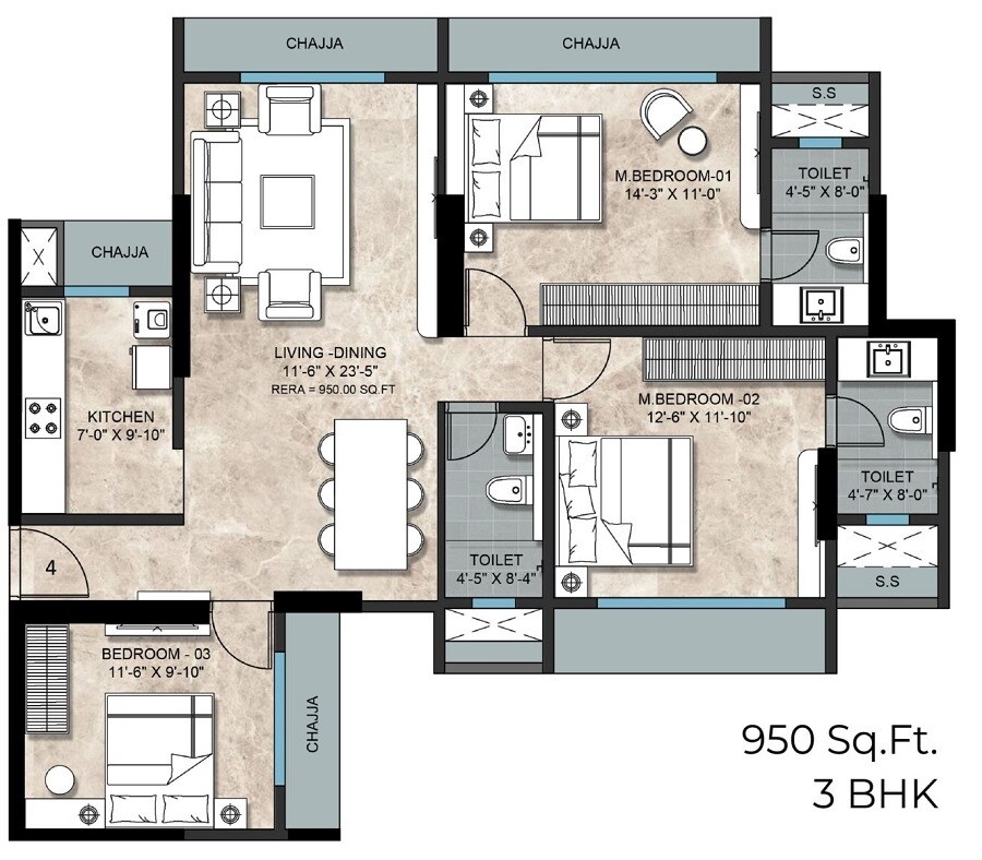 Floor plan of 3 BHK 950 Sq. Ft. Apartment in Nexa Goyal Aspire, Mumbai