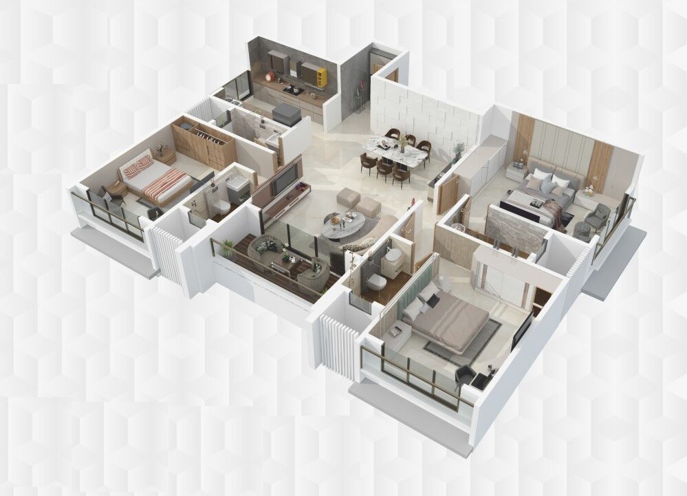 Floor plan of 3 BHK 1376 Sq. Ft. Apartment in Next Space Aureate, Mumbai