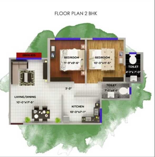 Floor plan of 2 BHK 649 Sq. Ft. Apartment in NIA Parkview, Mumbai