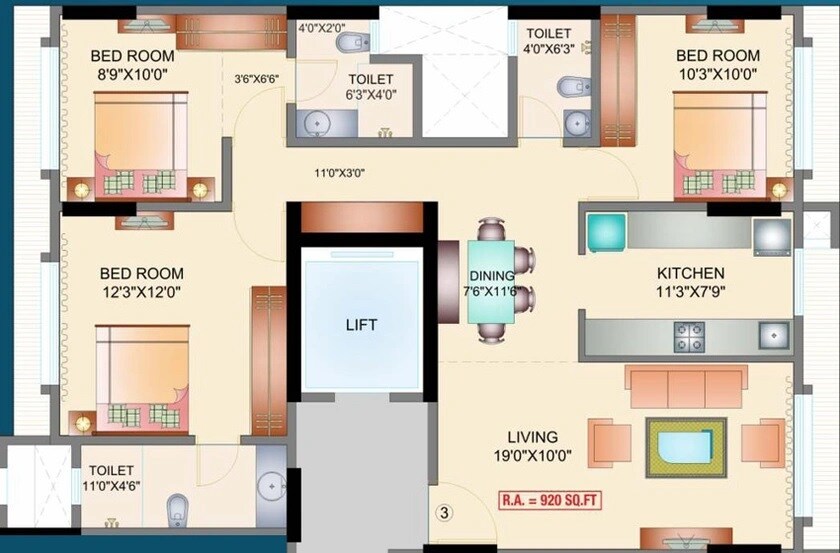 Floor plan of 3 BHK 917 Sq. Ft. Apartment in NICCO Anamika, Mumbai