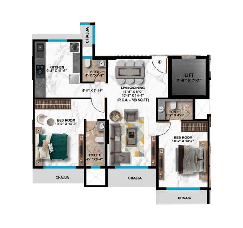 Floor plan of 2 BHK 788 Sq. Ft. Apartment in Nicco Gautam Dhan, Mumbai