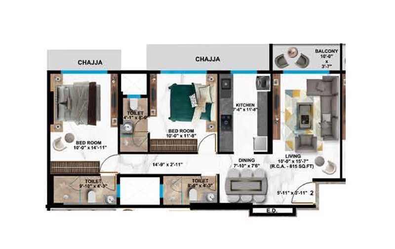 Floor plan of 2 BHK 815 Sq. Ft. Apartment in Nicco Gautam Dhan, Mumbai