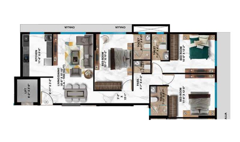 Floor plan of 3 BHK 1004 Sq. Ft. Apartment in Nicco Gautam Dhan, Mumbai