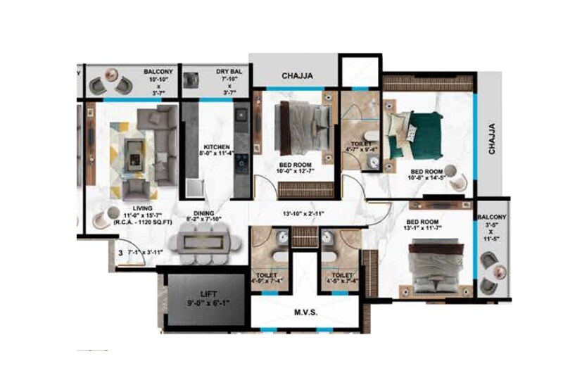 Floor plan of 3 BHK 1213 Sq. Ft. Apartment in Nicco Gautam Dhan, Mumbai