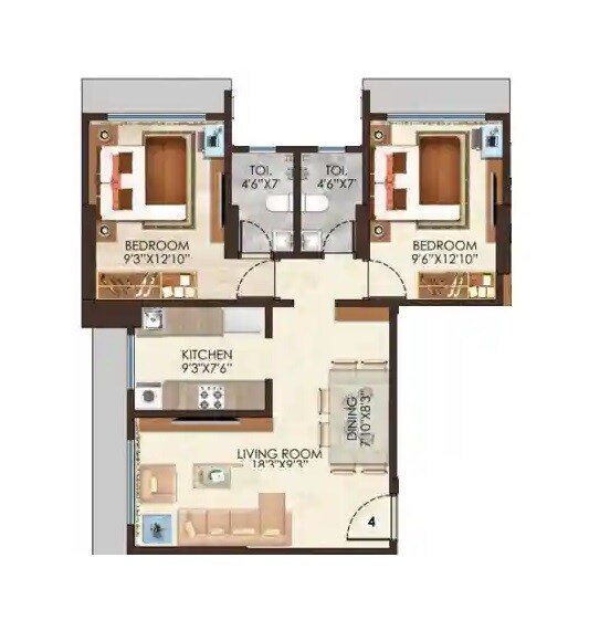 Floor plan of 2 BHK 675 Sq. Ft. Apartment in NICCO Keshav Apartments, Mumbai