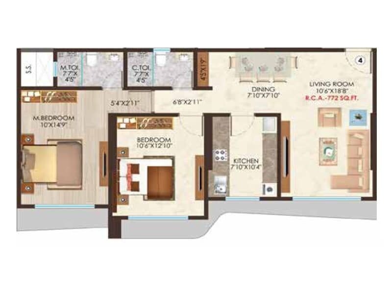 Floor plan of 2 BHK 772 Sq. Ft. Apartment in Nicco Residency, Mumbai