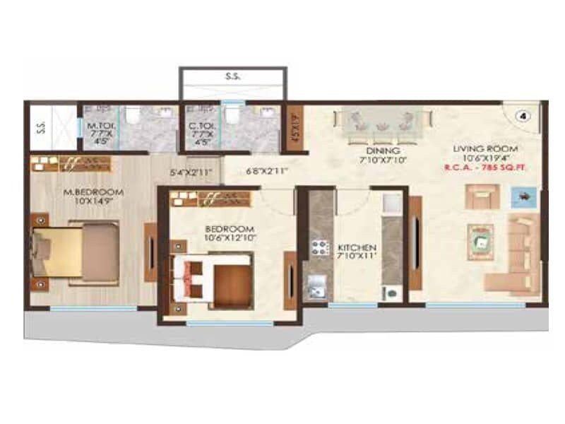 Floor plan of 2 BHK 785 Sq. Ft. Apartment in Nicco Residency, Mumbai