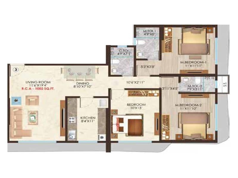 Floor plan of 3 BHK 1002 Sq. Ft. Apartment in Nicco Residency, Mumbai