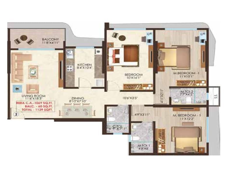 Floor plan of 3 BHK 1129 Sq. Ft. Apartment in Nicco Residency, Mumbai