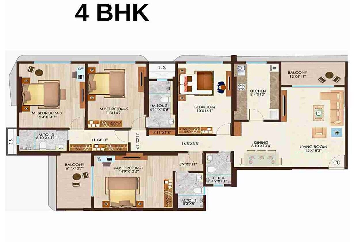 Floor plan of 4 BHK 1671 Sq. Ft. Apartment in Nicco Residency, Mumbai