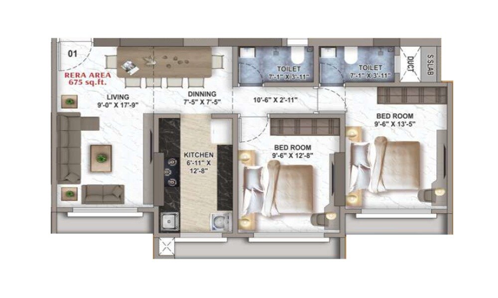 Floor plan of 2 BHK 675 Sq. Ft. Apartment in NICCO Sundermilan, Mumbai