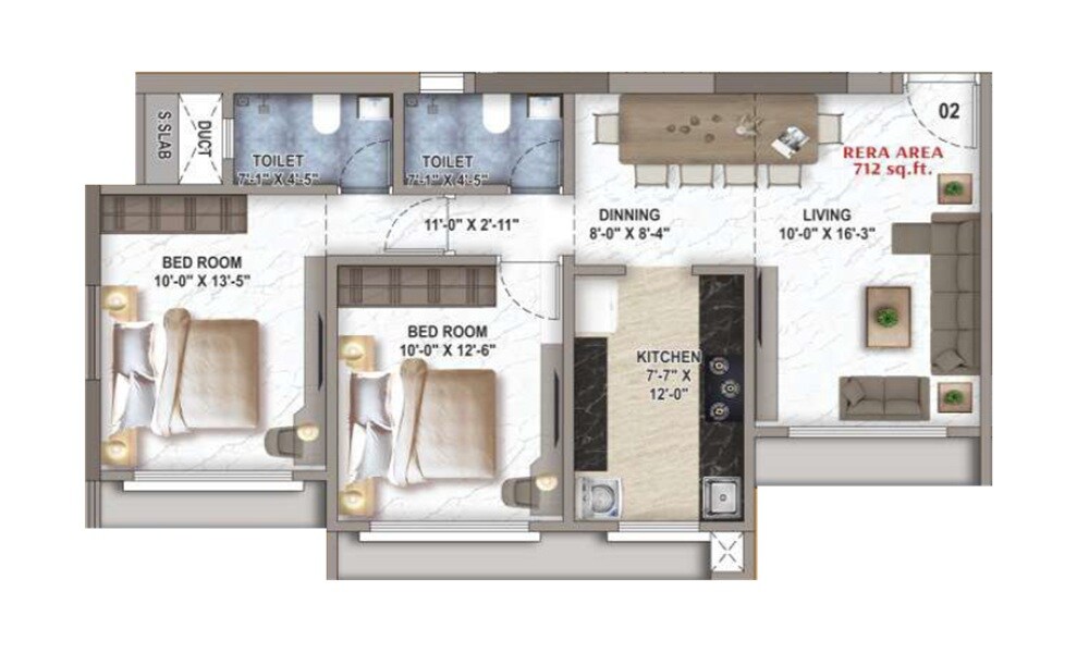 Floor plan of 2 BHK 712 Sq. Ft. Apartment in NICCO Sundermilan, Mumbai