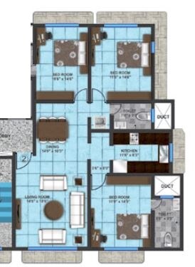 Floor plan of 3 BHK 1188 Sq. Ft. Apartment in Nidhaan Clover B, Mumbai