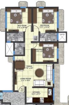 Floor plan of 3 BHK 1190 Sq. Ft. Apartment in Nidhaan Clover B, Mumbai