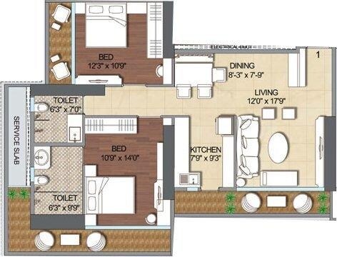 Floor plan of 2 BHK 1269 Sq. Ft. Apartment in Nidhaan Veer Tower, Mumbai