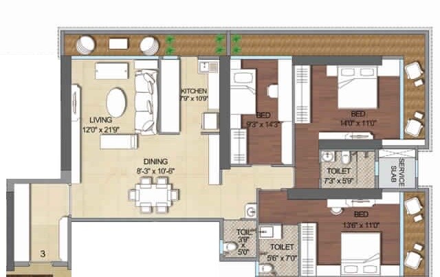 Floor plan of 3 BHK 1500 Sq. Ft. Apartment in Nidhaan Veer Tower, Mumbai