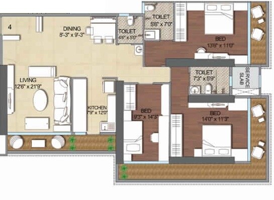 Floor plan of 3 BHK 2000 Sq. Ft. Apartment in Nidhaan Veer Tower, Mumbai