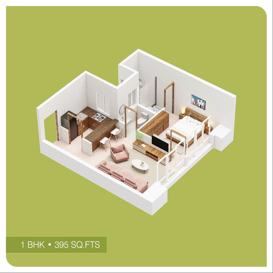 Floor plan of 1 BHK 395 Sq. Ft. Apartment in Nine Dimensions Apoorva Rise, Mumbai