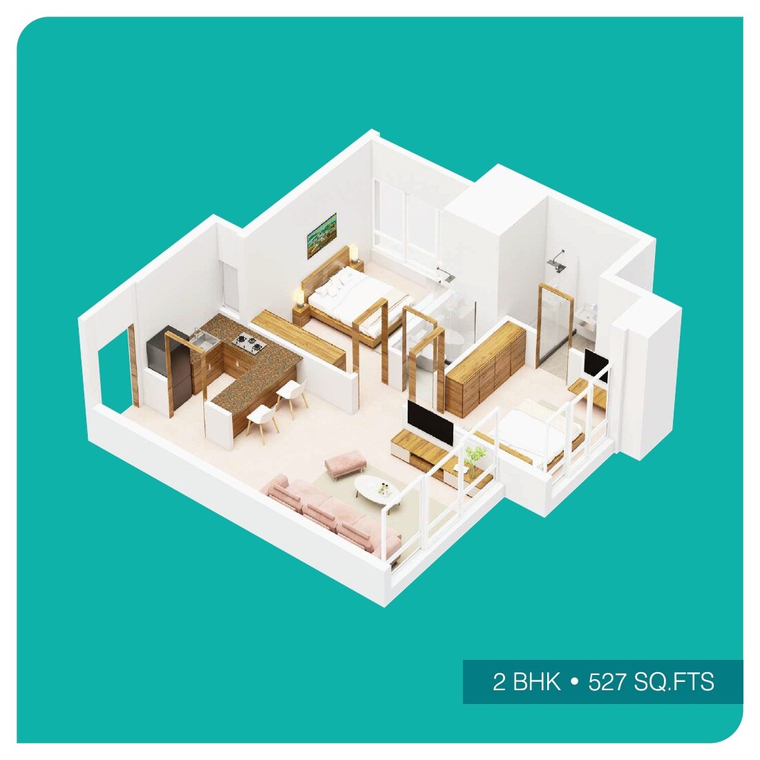 Floor plan of 2 BHK 527 Sq. Ft. Apartment in Nine Dimensions Apoorva Rise, Mumbai