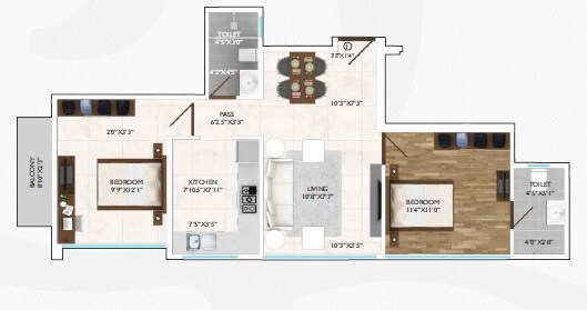 Floor plan of 2 BHK 677 Sq. Ft. Apartment in Nine Dimensions Shanta Durga, Mumbai