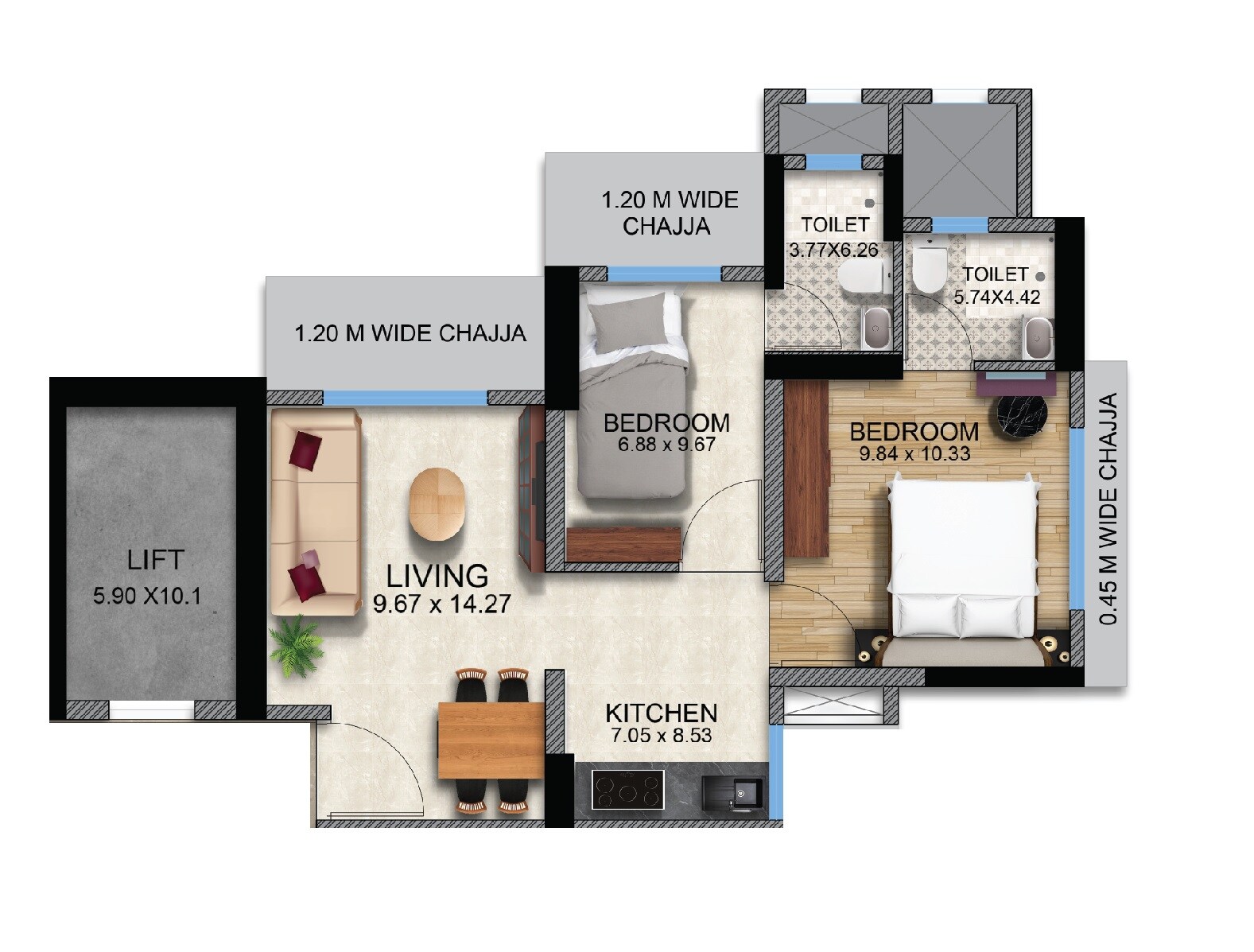 Floor plan of 2 BHK 450 Sq. Ft. Apartment in Nine Reflex, Mumbai