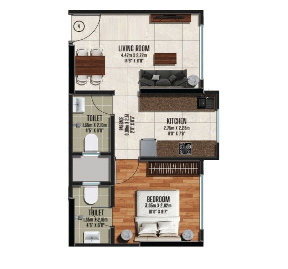 1 BHK 407 Sq. Ft. Apartment