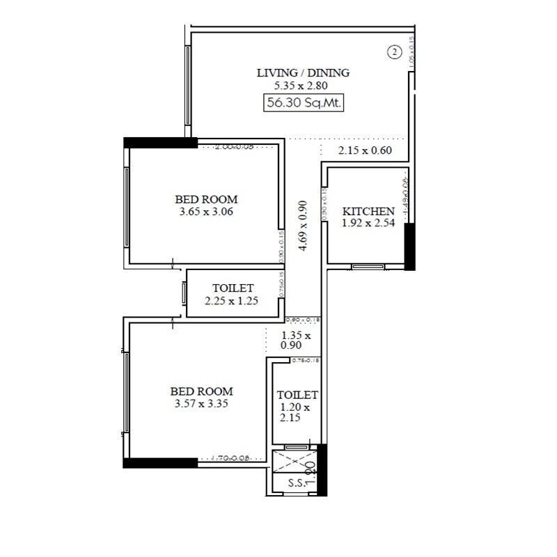 Floor plan of 2 BHK 606 Sq. Ft. Apartment in Nirban Nestlings, Mumbai