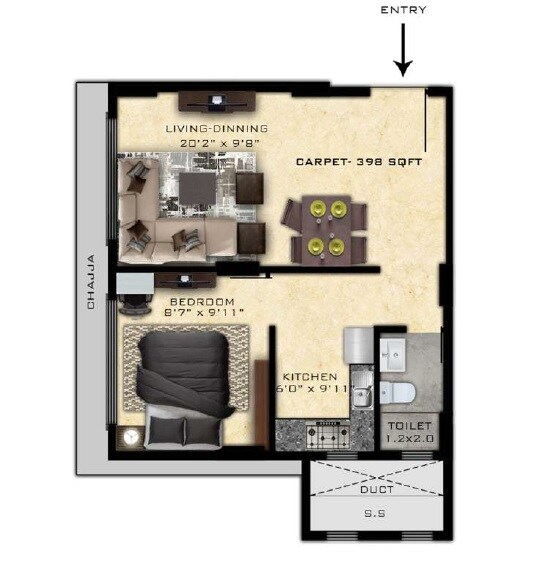 Floor plan of 1 BHK 398 Sq. Ft. Apartment in Nirmaan Shivneri CHS, Mumbai