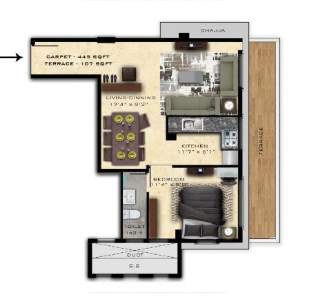 Floor plan of 1 BHK 445 Sq. Ft. Apartment in Nirmaan Shivneri CHS, Mumbai