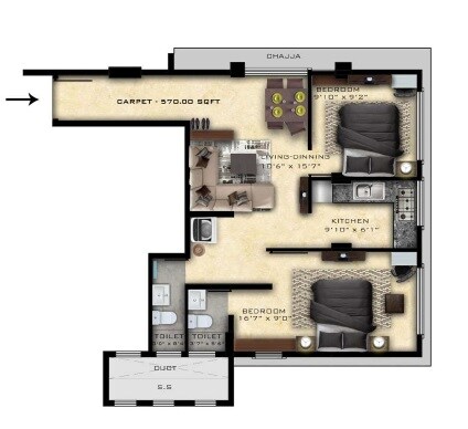 Floor plan of 2 BHK 570 Sq. Ft. Apartment in Nirmaan Shivneri CHS, Mumbai