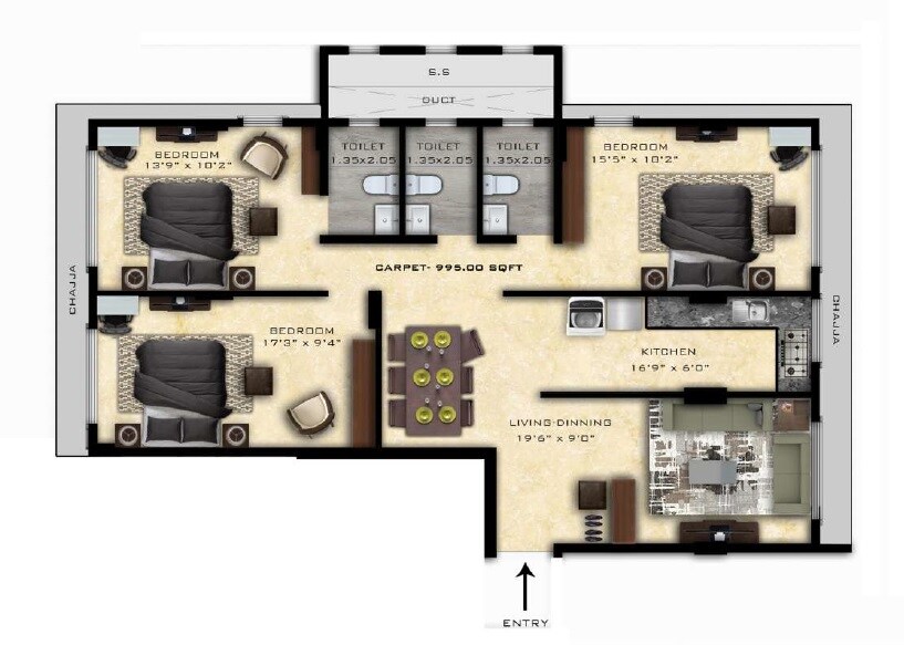 Floor plan of 3 BHK 995 Sq. Ft. Apartment in Nirmaan Shivneri CHS, Mumbai