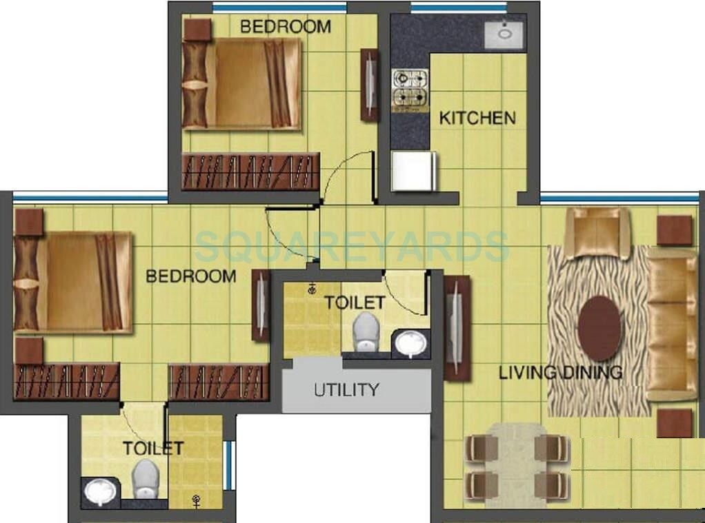Floor plan of 2 BHK 604 Sq. Ft. Apartment in Nirmal Center Court, Mumbai