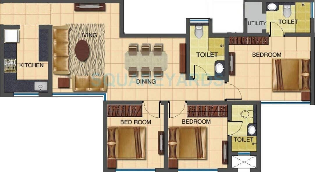 Floor plan of 3 BHK 852 Sq. Ft. Apartment in Nirmal Center Court, Mumbai