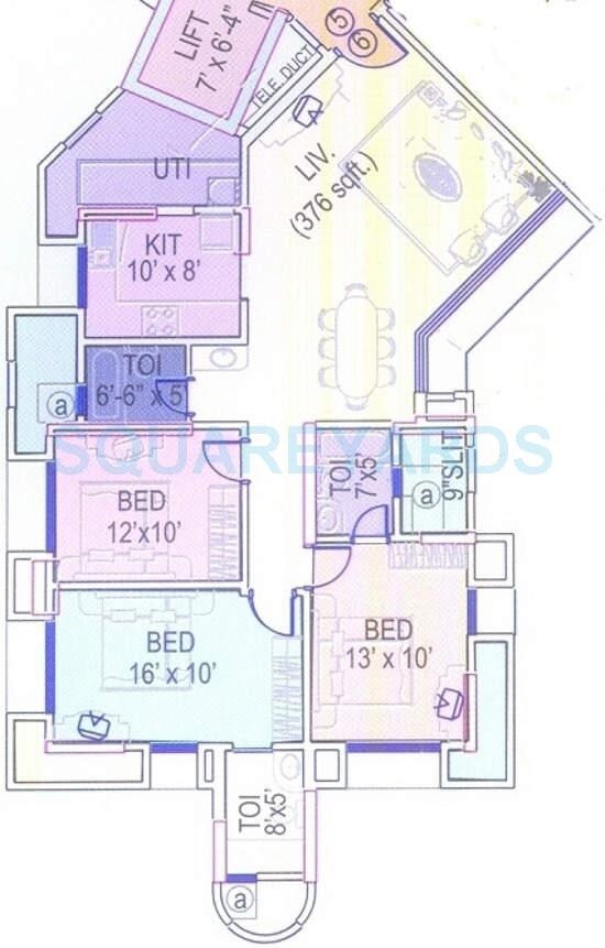 Floor plan of 3 BHK 1323 Sq. Ft. Apartment in Nirmal City Of Joy CHS Ltd, Mumbai