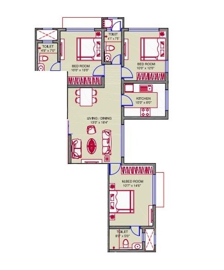 Floor plan of 3 BHK 993 Sq. Ft. Apartment in Nirmal Lifestyle Game Point, Mumbai