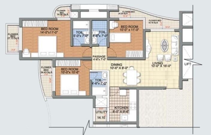 Floor plan of 3 BHK 993 Sq. Ft. Apartment in Nirmal Lifestyle Grande Slam, Mumbai