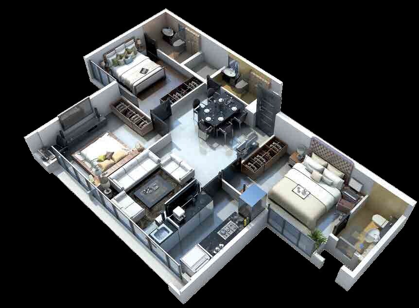 Floor plan of 3 BHK 693 Sq. Ft. Apartment in Nirmal Lifestyle One Mumbai, Mumbai