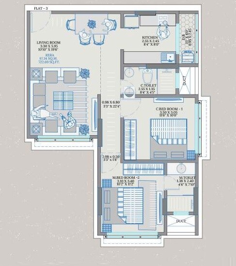 Floor plan of 2 BHK 723 Sq. Ft. Apartment in Nirmal Milan Apartment, Mumbai