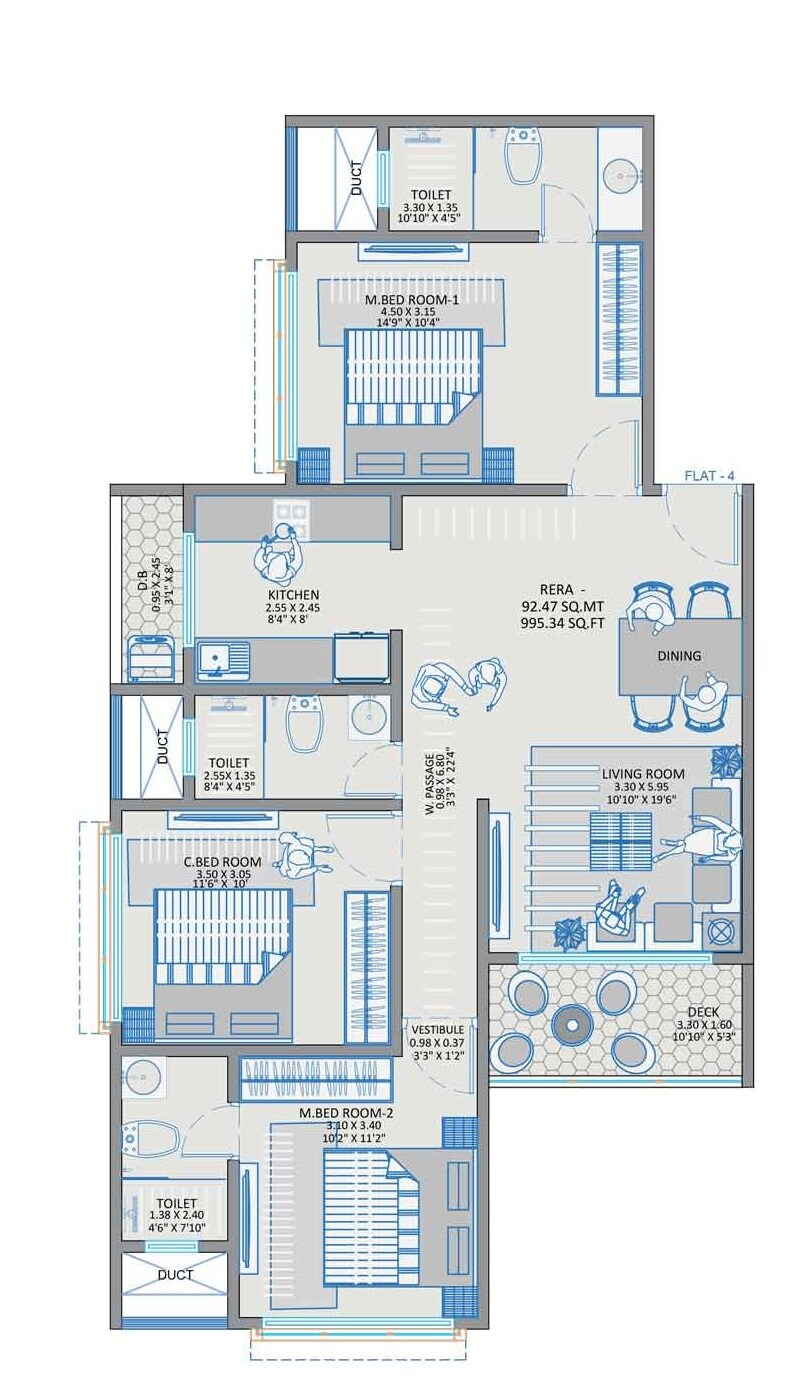 3 BHK 995 Sq. Ft. Apartment