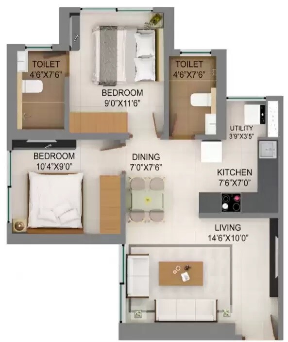 Floor plan of 2 BHK 474 Sq. Ft. Apartment in Nirmal Olympia, Mumbai