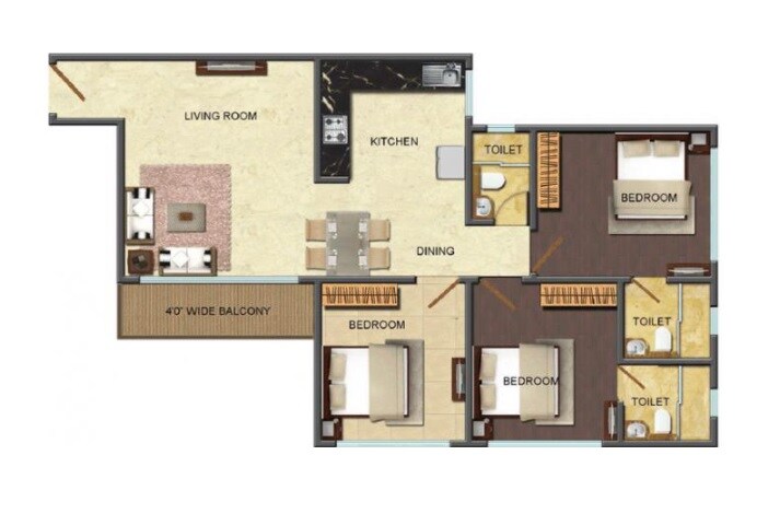 Floor plan of 3 BHK 738 Sq. Ft. Apartment in Nirmal Olympia, Mumbai