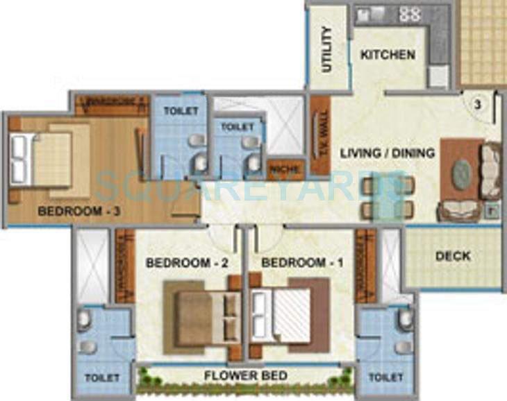 Floor plan of 3 BHK 1449 Sq. Ft. Apartment in Nirmal Sports City, Mumbai