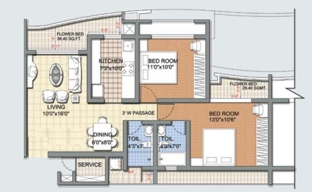 Floor plan of 2 BHK 1044 Sq. Ft. Apartment in Nirmal Thrill and Triumph, Mumbai