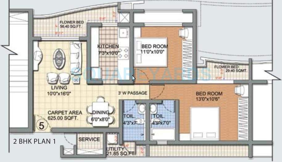 Floor plan of 2 BHK 1035 Sq. Ft. Apartment in Nirmal US Open, Mumbai